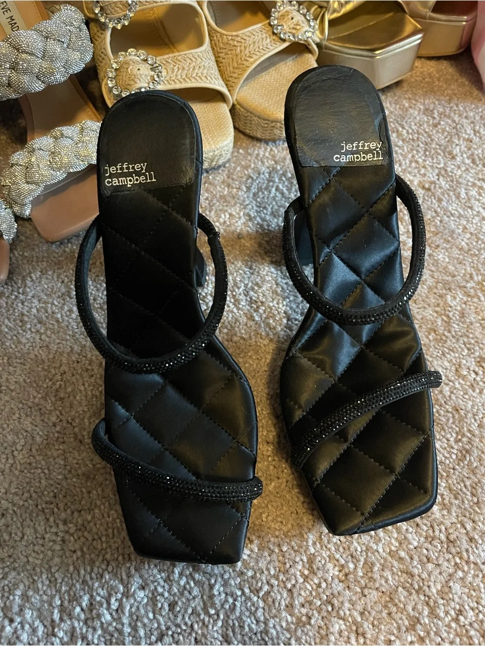 Jeffrey Campbell Black Quilted Platform Strappy Sandal with Rhinestone Straps